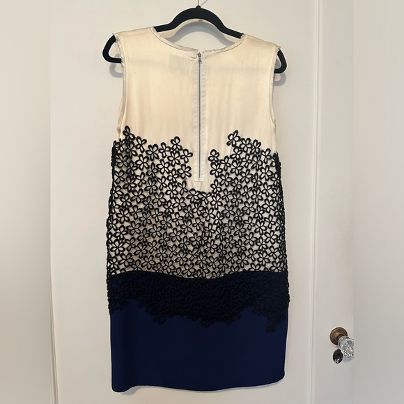 3.1 Phillip Lim cream and navy silk mini dress with black floral overlay- size 8 - Picture 6 of 12